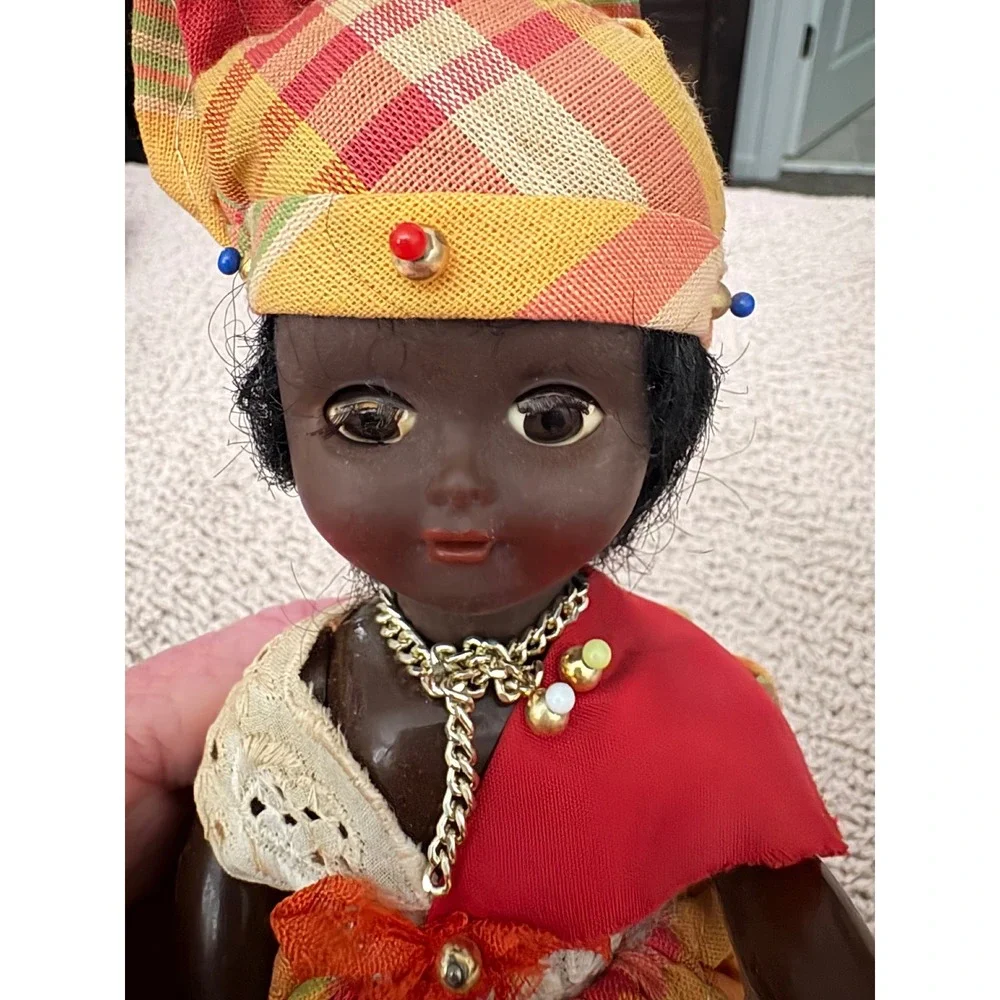 Vintage Caribbean Souvenir Doll Madras Plaid Traditional Dress Sleep Eyes 10.5in